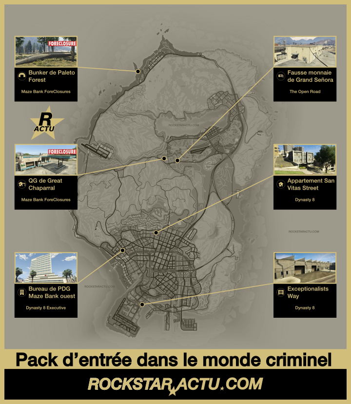 Carte des emplacements des propriétés - Pack d’entrée dans le monde criminel & GTA 5 Premium edition - 829px x 720px - Picture by Rockstar Actu - GTA Online