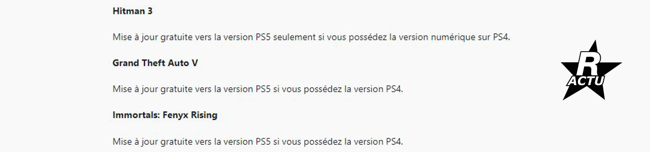 Bannière - Mise à jour de la version PS4 de GTA 5 gratuit sur PS5 - 1280p x 300p - Picture by Rockstar Actu Mise à jour de la version PS4 de GTA 5 gratuit sur PS5