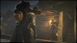 Un personnage de Red Dead Online portant sur son dos un criminel recherché qu'il apporte au shérif dans une mission de chasseur de primes.