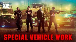 Quatre personnage de GTA Online posant devant des véhicules spéciaux lors de leurs missions de PDG