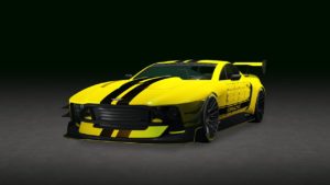 Vue avant de la voiture britannique Dewbauchee Champion, elle est de couleur jaune et dispose du motif du motif "Bandes Dewbauchee" sur sa carrosserie.
