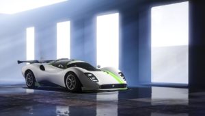 L'une des supersportives de GTA Online, la Lampadati Tigon, une voiture supersportive italienne de couleur blanche avec une bande verte dans GTA Online.