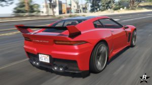 Image présentant l'arrière de la Coquette. Le véhicule de GTA Online est peint en rouge.