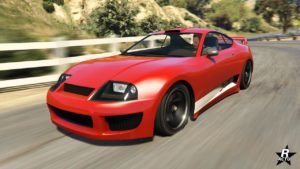 L'avant de la Dinka Jester Classique dans GTA Online, le véhicule est de couleur rouge.