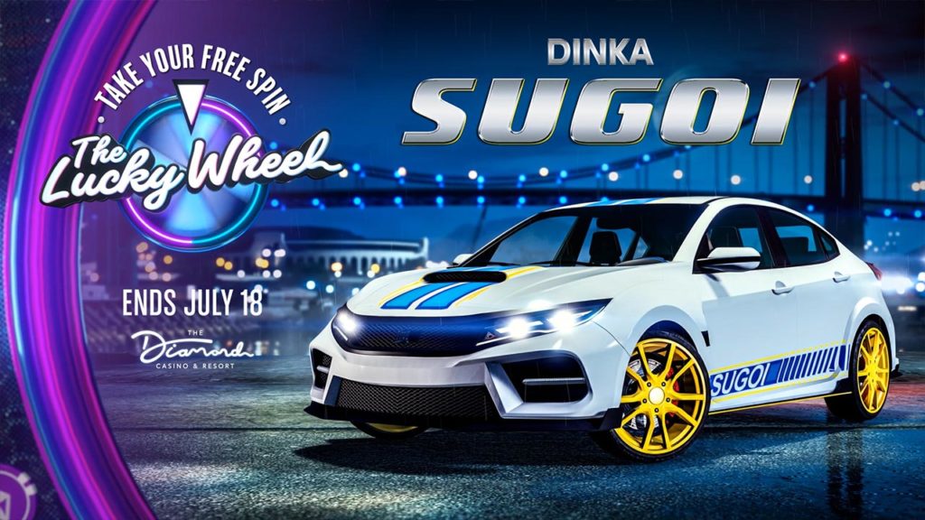 La Dinka Sugoi, c'est la voiture à gagner gratuitement jusqu'au 18 juillet en faisant tourner la roue de la fortune dans le casino de GTA Online.