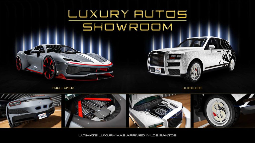 L'Enus Jubilee et la Grotti Itali RSX se trouvent dans la vitrine du conventionnaire Luxury Autos cette semaine dans GTA Online.