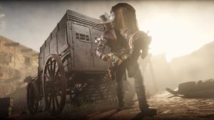 Un personnage de Red Dead Online portant un criminel devant le chariot de primes
