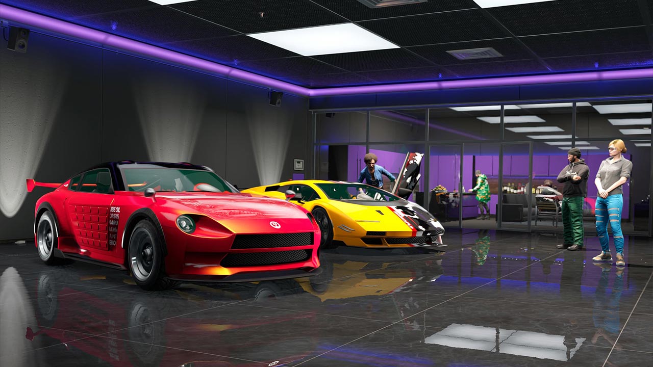 Image de 2 voitures de luxes garé dans le garage de l'Eclipse boulevard dans le jeu vidéo GTA Online.