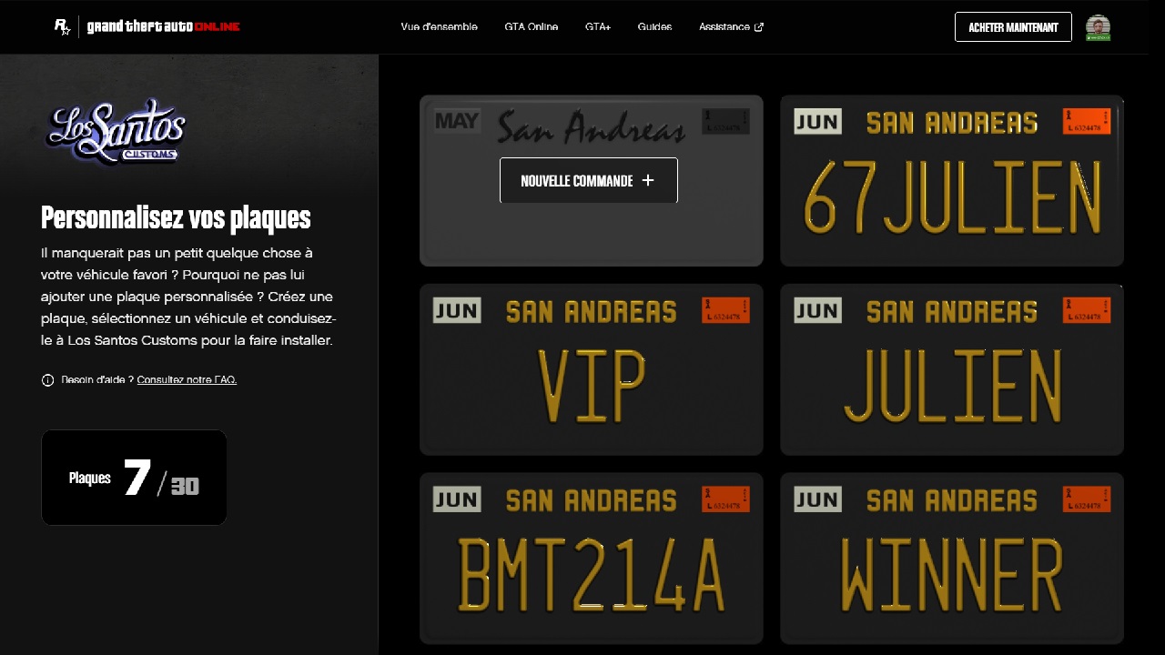 Vu d'ensemble des plaques déjà créées et du bouton permettant d'accéder à l'éditeur de plaques personnalisées pour les véhicules de GTA Online sur le site de Rockstar Games.