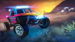 Face avant du Vapid Ratel avec le motif "Atomic, flames" sous un couché de soleil dans la région de l'État de San Andreas.