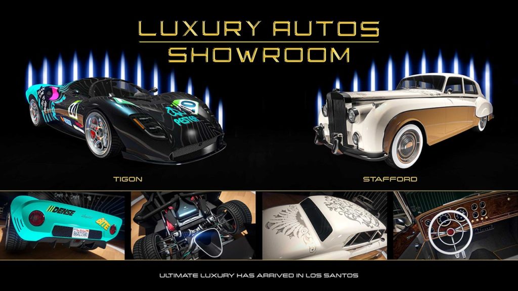 L'Enus Stafford ainsi que la Lampadati Tigon qui sont les deux voitures disponibles chez le concessionnaire Luxury Auto cette semaine dans GTA Online