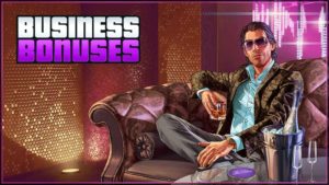Un joueur de GTA Online assis sur le canapé de sa boîte de nuit, avec une bouteille de champagne à côté de lui. L'inscription "Business bonus" est affichée sur l'image, en référence aux bonus de la semaine dans les entreprises de nightclub ces prochains jours.