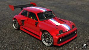 Le motif "Bande de course Française" sur la voiture "Penaud La coureuse". Il s'agit d'une bande aux couleurs du drapeau Français qui traverse toute la longueur du véhicule, du capot au coffre.