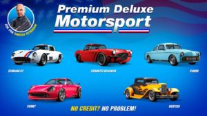 Vue de face des 5 voitures disponibles à l'achat dans la concession Premium Deluxe Motorsport cette semaine dans GTA Online. Les véhicules disponibles sont : Benefactor Stirling GT, Invetero Coquette BlackFin, Pfister Comet, Vapid Clique, et la Vapid Hustler