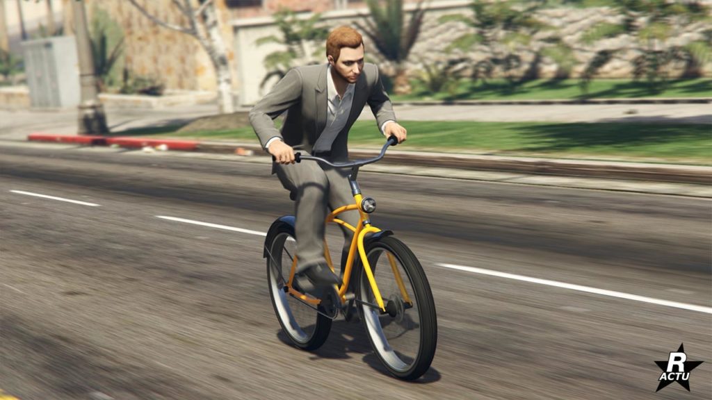 Face avant du vélo de ville "Cruiser" dans GTA Online, le cadre du vélo est de couleur jaune.