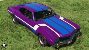 La Declasse Tulip disposant du motif "Tenshun" sur la carrosserie du véhicule. La caractéristique de ce motif, est qu'il dispose de deux bandes bleues traversant toutes la voiture de l'avant à l'arrière. Également, deux bandes blanches fines débutent du capot et se termine sur chaque côté du véhicule.