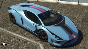 Le motif "Bande Arrow" sur la Pegassi Ignus. Il s'agit d'une bande de deux couleurs, un rouge vif entouré d'un noir peu profond qui traverse de haut en bas la voiture.