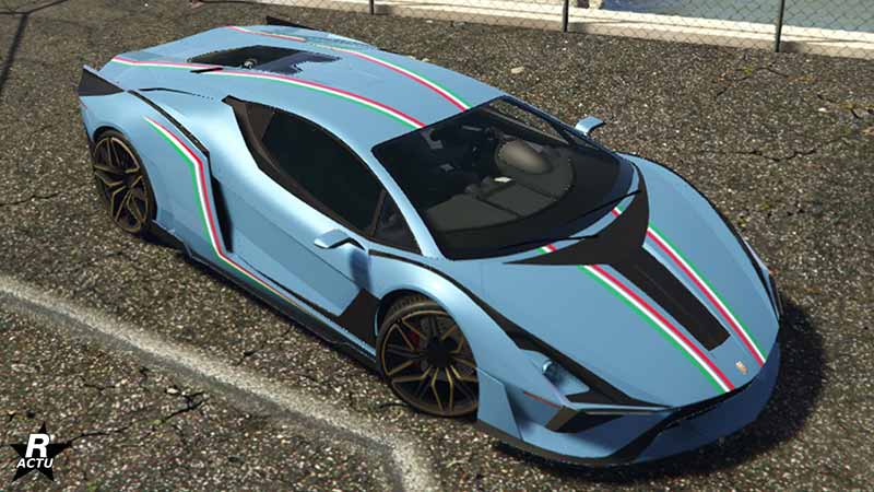 La voiture Pegassi Ignus dans GTA Online avec le motif "Bandes triples". Ce motif est deux bandes tricolores  aux couleurs du drapeau Italien.