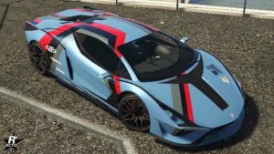 Le motif "Bandes turbo" appliqué sur le véhicule Pegassi Ignus. Ce motif ce définit par différentes bandes tricolores de couleurs rouge, noir et gris, qui sont appliquées à différents endroits sur la carrosserie de la voiture.