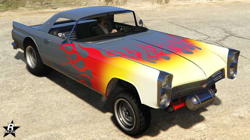 La voiture Peyote Gasser qui a le motif "Brûleur d'asphalte" qui apparaît sur sa carrosserie. Ce motif se distingue par une grande flamme présente sur le capot et qui déborde jusqu'aux portières de la voiture. Les flammes sont de couleurs jaunes et rouges.