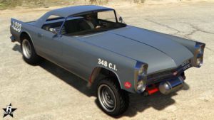 La voiture Vapid Peyote Gasser avec le motif "En toute simplicité". Ce vinyle ajoute deux / trois inscriptions de course sur les côtés du véhicule.