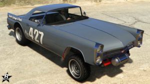 Le motif "Gasser old-school" sur la Vapid Peyote Gasser dans GTA Online. la spécifié de ce motif, est, le numéro de course 427 écrit en grand et en blanc sur les portières