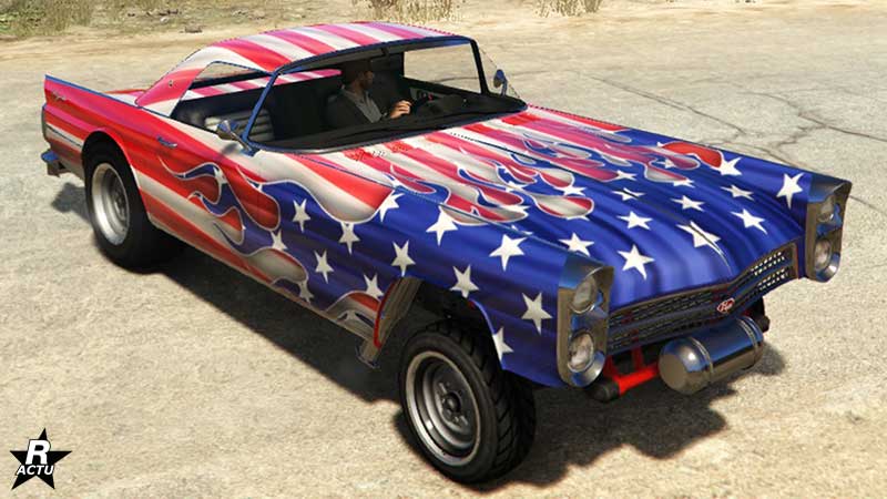 Le motif "Les flammes de la liberté" appliqué sur la Peyote Gasser dans GTA Online. Il s'agit d'un motif représentant le drapeau des États-Unis sur toute la superficie de la voiture, avec la particularité, que la zone bleue du drapeau avec les étoiles, se trouve en feu sur le capot du véhicule.