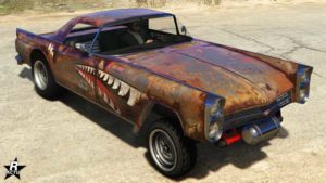 La Vapid Peyote Gasser dans GTA Online avec le motif "Prédateur dragster" sur la carrosserie de ce véhicule. La particularité de ce vinyle est, un effet de rouille qui recouvre l'ensemble de la voiture, ainsi que des dents de requin sur les ailes avant du véhicule.