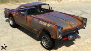 Le motif "Sortie de la décharge" sur la voiture Vapid Peyote Gasser dans GTA Online. Ce motif simule un effet de rouille qui recouvre la totalité du véhicule.