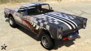 Le skin "Valiant Vapid" sur la Vapid Peyote Gasser. Ce motif se distingue par un effet de carlingue d'avion qui recouvre la totalité de la voiture, à l'exception du capot ou il n'est seulement qu'en damier. Également, les ailes avant disposent de dents de requin, tout comme pour le motif "Prédateur dragster"