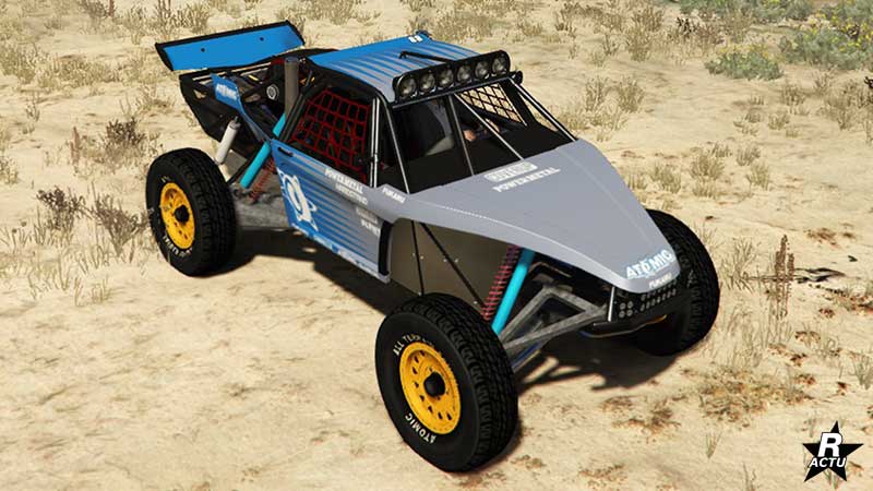Le motif "Atomic Motorsports" sur le Vapid Ratel dans Grand Theft Auto Online. Ce motif se distingue par une teinte bicolore du véhicule, d'un côté la couleur principale du tout-terrain, de l'autre un bleu ciel, avec une transition en dents de scie, ainsi que le logo de la marque de pneumatiques Atomic sur les portières.