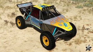 Le motif "Atomic, flammes" sur le tout-terrain Vapid Ratel dans GTA Online. Les caractéristiques de ce motif se distinguent par des flammes jaunes et orangées sur ses extrémités, ainsi que le logo en bleu de la marque de pneus Atomic sur les portières.