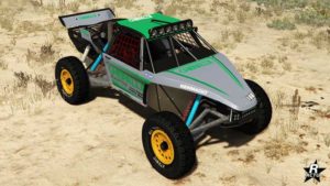 Le Vapid Ratel avec le motif "Course Chepalle" sur la voiture. Différentes lignes vertes sont présentes sur ce motif, ainsi que le logo du fabricant de pneus de course Chepalle.