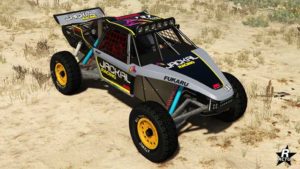 Le motif "Jackal Racing" sur le véhicule Ratel de chez Vapid. Ce motif se démarque par des stickers noirs et jaunes, ainsi que le logo de la marque de combinaisons de course Jackal.