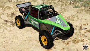 Le motif "Sprunk X-treme" sur le tout-terrain Ratel. Il s'agit d'un motif vert aux couleurs de la marque de boisson énergétique Sprunk