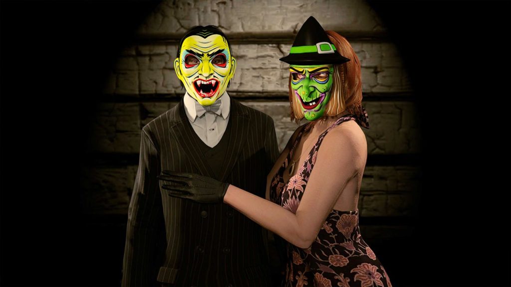 Le masque d'halloween de sorcière vintage vert, ainsi que le masque de vampire vert clair qui sont tout les deux à débloquer cette semaine dans GTA Online.
