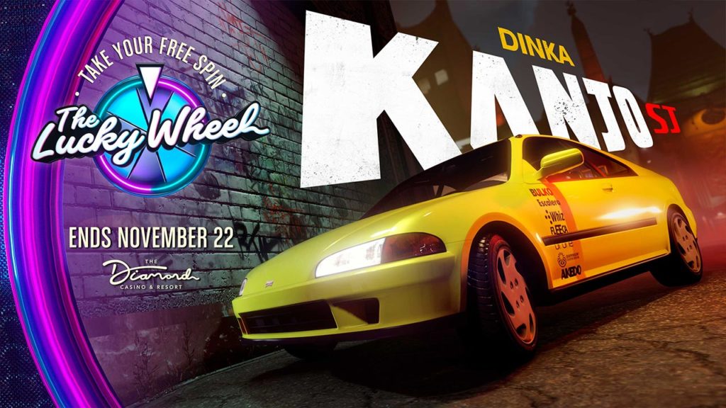 La Dinka Kanjo SJ est la voiture à gagner sur le podium du Diamond Casino. Faite tourner la roue de la fortune avant le 23 novembre pour remporter la Dinka Kanjo SJ dans votre garage. Il s'agit d'un coupé de couleur jaune.