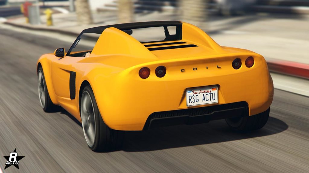 L'arrière de la Coil Voltic dans GTA Online, la carrosserie est de couleur jaune