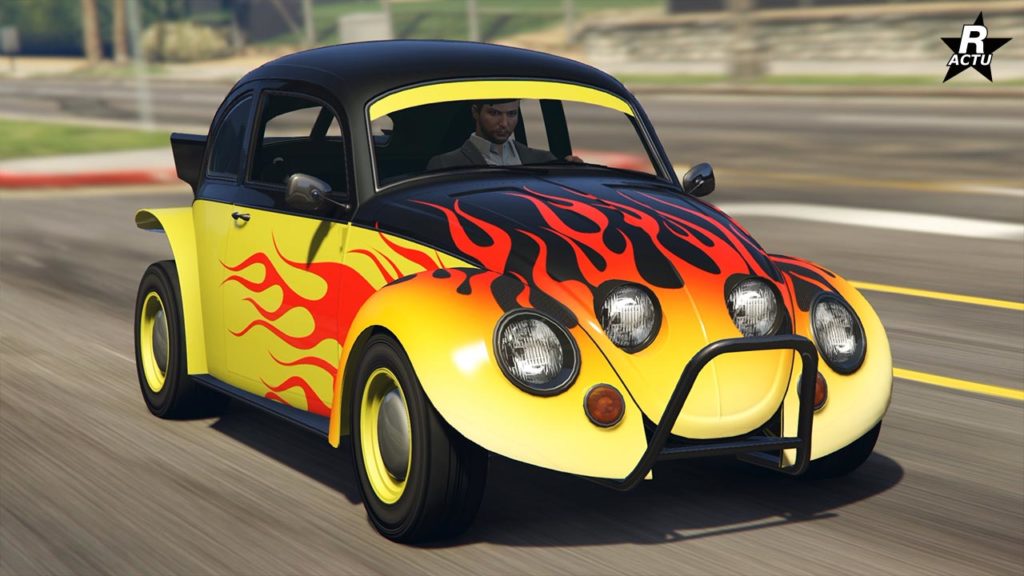 La BF Weevil de face avant de couleur jaune et noir disposant du motif "Flammes Hot Road"