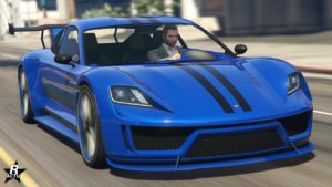 La face avant de la Pfister Neon, la voiture est de couleur bleu et dispose de deux lignes noires qui traversent le capot sur la longueur