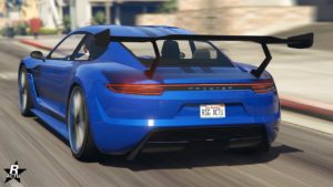 La face arrière de la Pfister Neon, la voiture est de couleur bleu et dispose de deux lignes noires qui traversent le capot sur la longueur