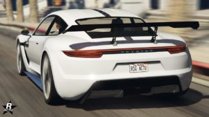 L'arrière de la voiture Pfister Neon, elle est de couleur blanche sur toute la carrosserie, l'exeption des extrémités des pare-chocs et des bas de caisse qui sont chromés.