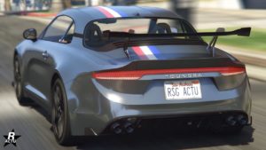 L'arrière de la Toundra Panthere, la voiture dispose d'une peinture gris métallisé ainsi qu'un motif de trois lignes verticales aux couleurs du drapeau Français