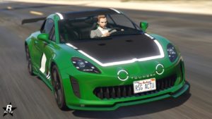 L'avant de la Toundra Panthere, la voiture est de couleur verte et dispose d'un capot en carbone