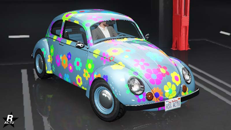 Le motif à fleur "Hippie" sur la carrosserie de la voiture BF Weevil