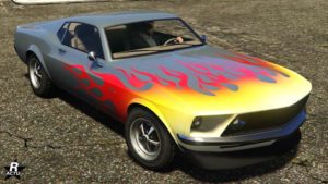 Le motif de flamme rouge et jaune "Inflammation" sur la carrosserie de la Dominator GTT dans GTA Online