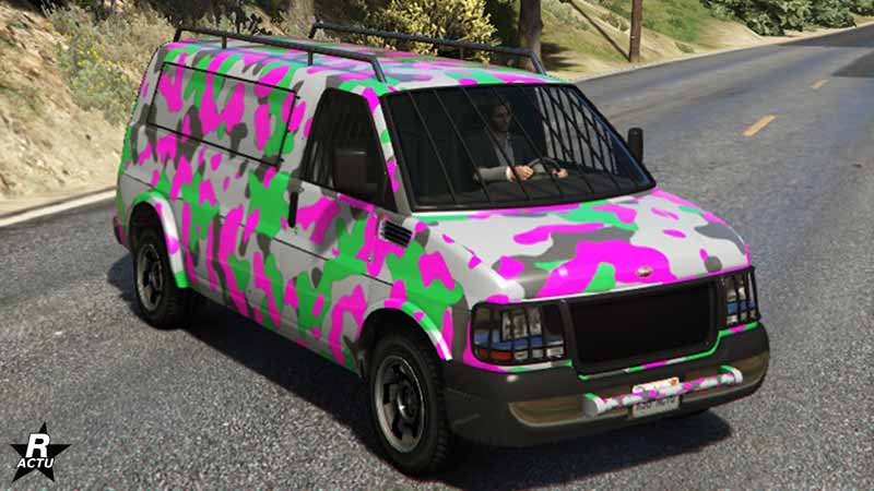 Le motif exclusif "Camouflage vert et rose" sur la camionnette Vapid Speedo Custom