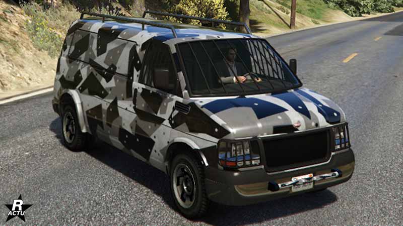 Le Vapid Speedo Custom dans GTA Online, avec le motif "Géométrique urbain" appliqué sur la carrosserie du véhicule