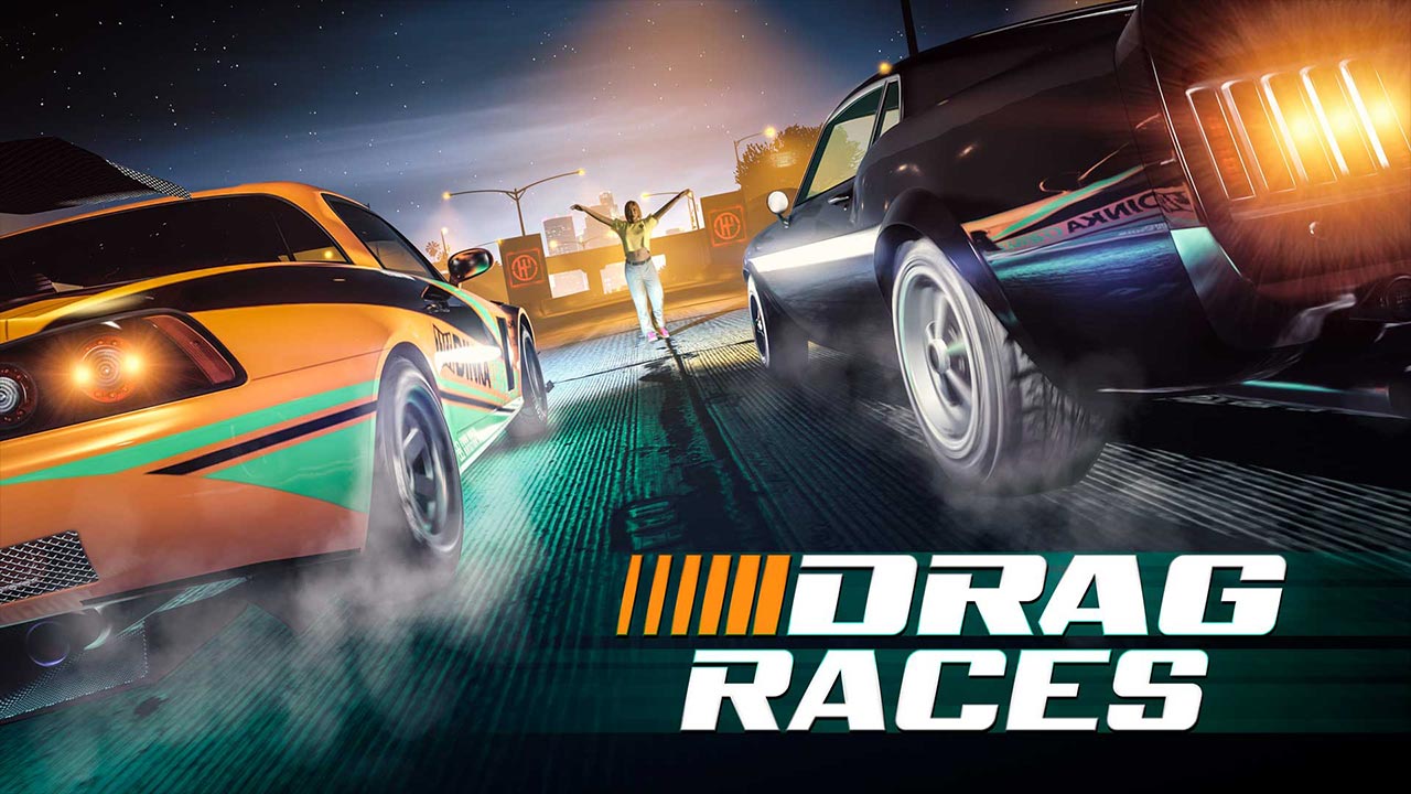 Deux voitures sur la ligne de départ d'une épreuve de course de dragster dans GTA Online
