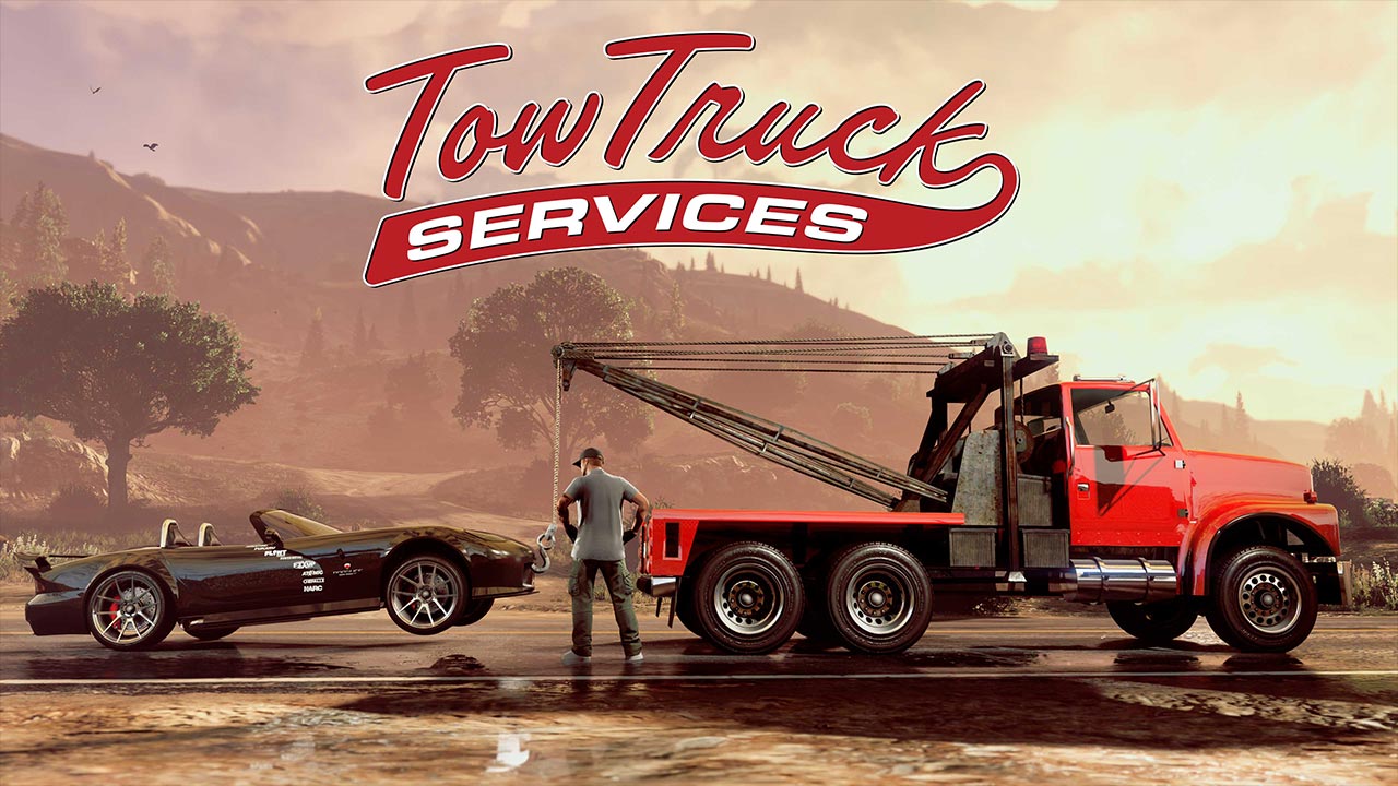 Un véhicule entrain d'être remorqué par la dépanneuse lors d'une mission de la casse auto de GTA Online